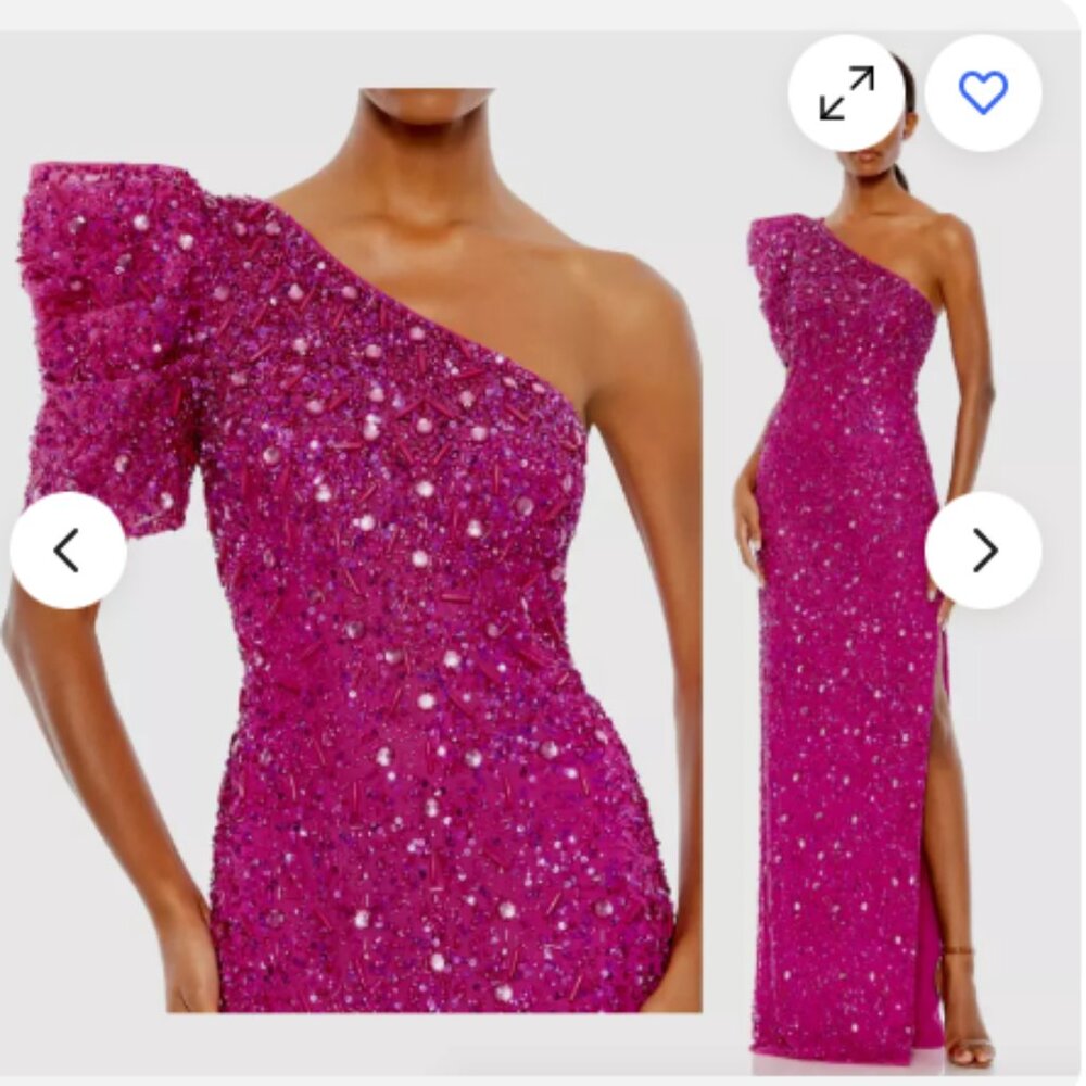 MAC DUGGAL 10912 EMBELLISHED PUFF ONE SHOULDER COLUMN HOT PINK GOWN sz 8